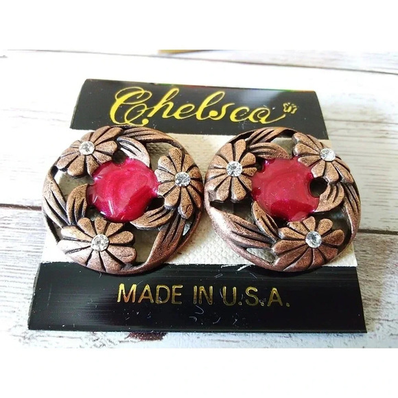 Vintage 1980s Copper-Plated Red Wreath Earrings with CZ Accents - Picture 1 of 4